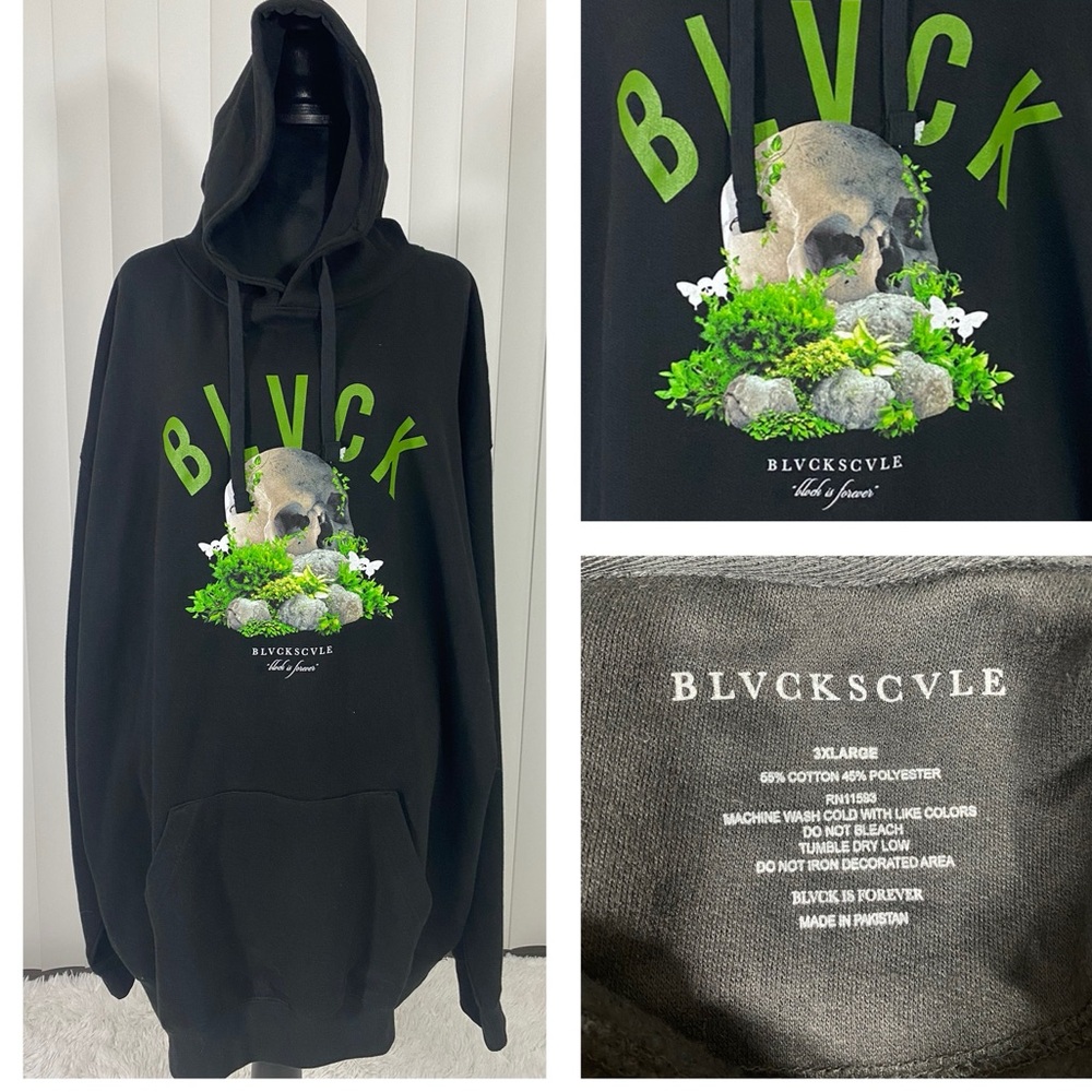 BLVCK SCVLE Black Scale Graphic Print Skull Hoodie Sweatshirt Pull Over Black 3X